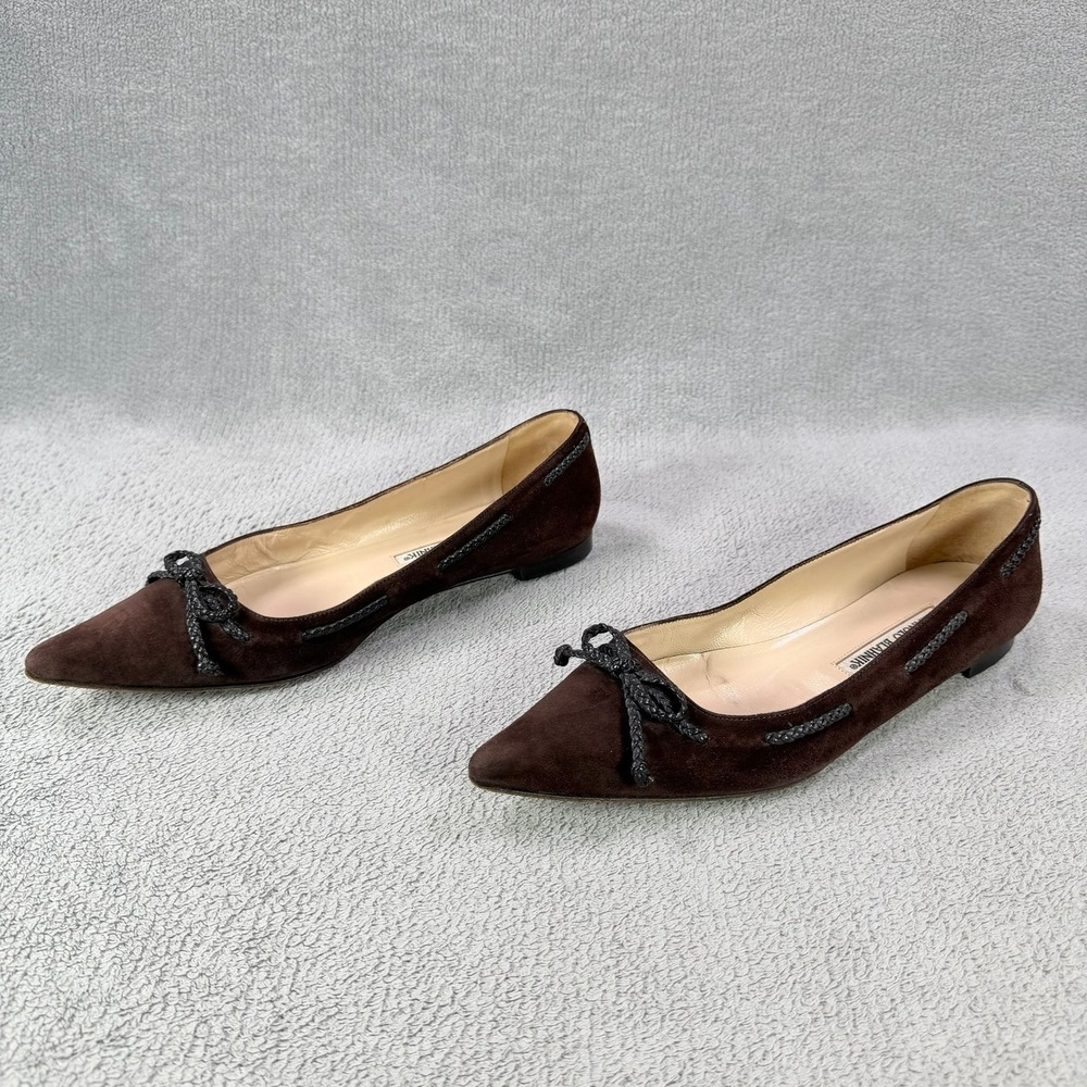 Manolo Blahnik Womens 38.5 Brown Suede Leather Braided Bow Pointed Toe Flat Shoe